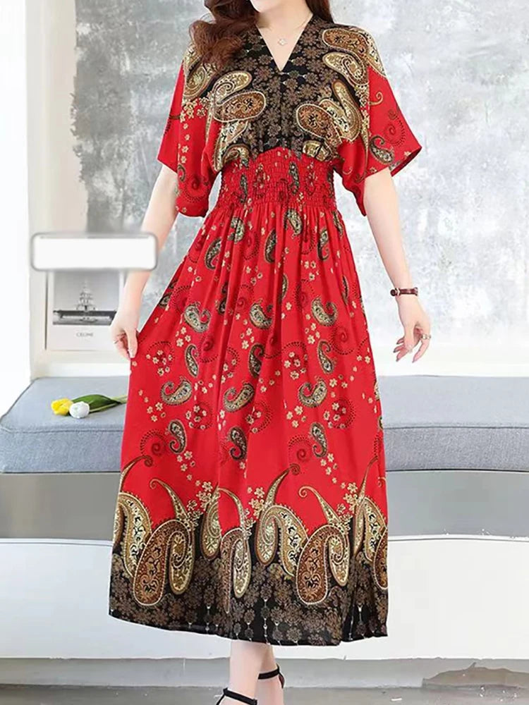 Colorful Flower V-neck Elastic Youthful Bohemian Sweet Midi Dress Woman Clothes Chic Fashion Summer Dresses