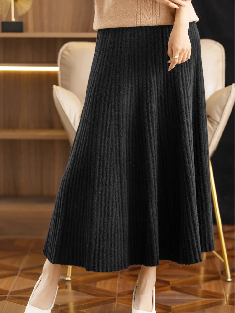 Wool Long Pleated Skirt 100% Merino Wool Knitwear