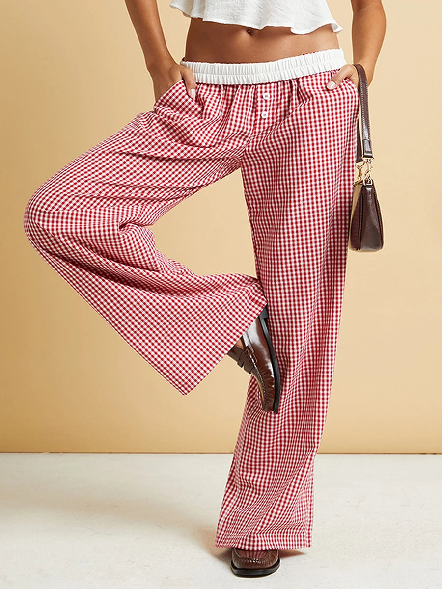 Women s Plaid Wide-Leg Pants with Button Detailing Elastic Waistband and Loose Fit for a Casual Spring Summer Look - Stylish