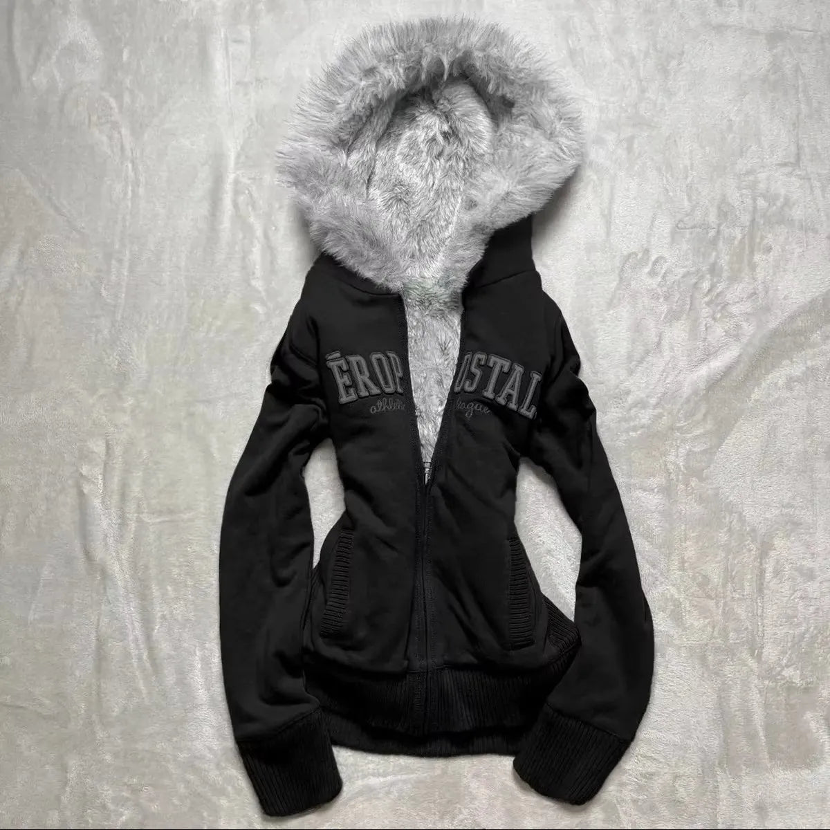 Sweater Fashion Oversized Knit  Vintage Streetwear Fur-lined hood