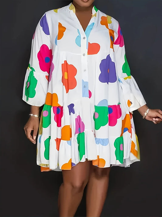 Plus Size Floral Printed Women's Dresses Casual Loose Button Fashion Streetwear Polyester V-Neck Pleated Dresses