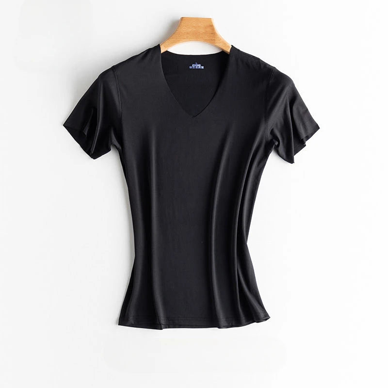 Men's Women's Sports Ice Silk Seamless Short Sleeves Gym Running Fitness Cycling T-Shirt Breathable Fit Solid Color V-neck