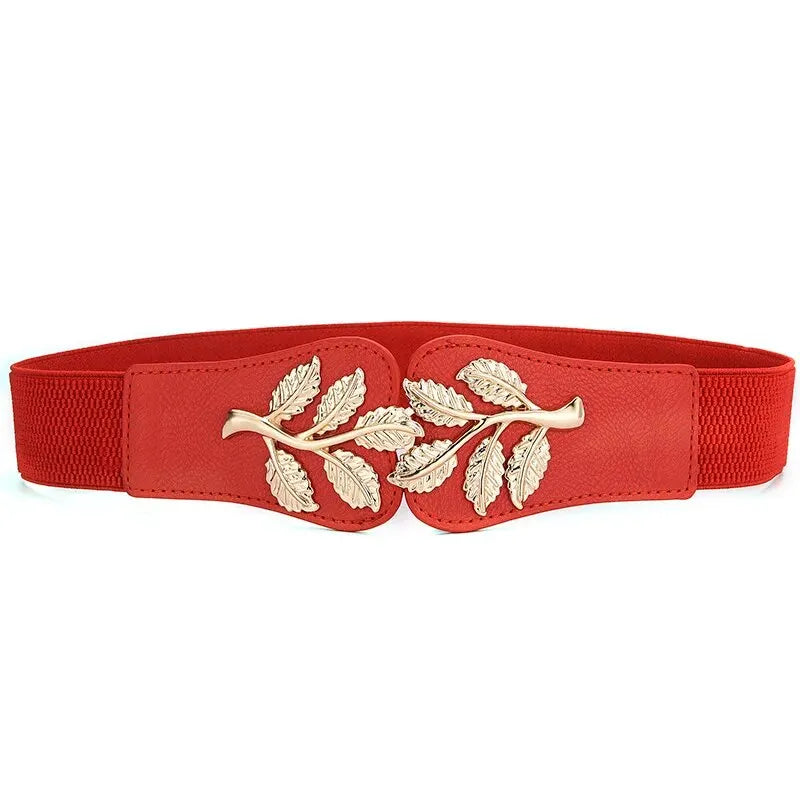 Women's Belt Fashion Waist Cover Golden Leaf Elastic Waist Closure With Double Hook Buckle Wide Belts Paired With Skirt