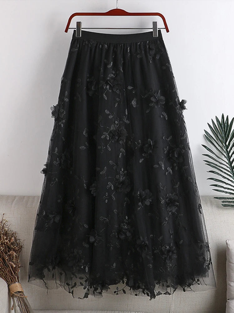 Embroidered Floral Spliced Mesh  High Waist A-line Skirt