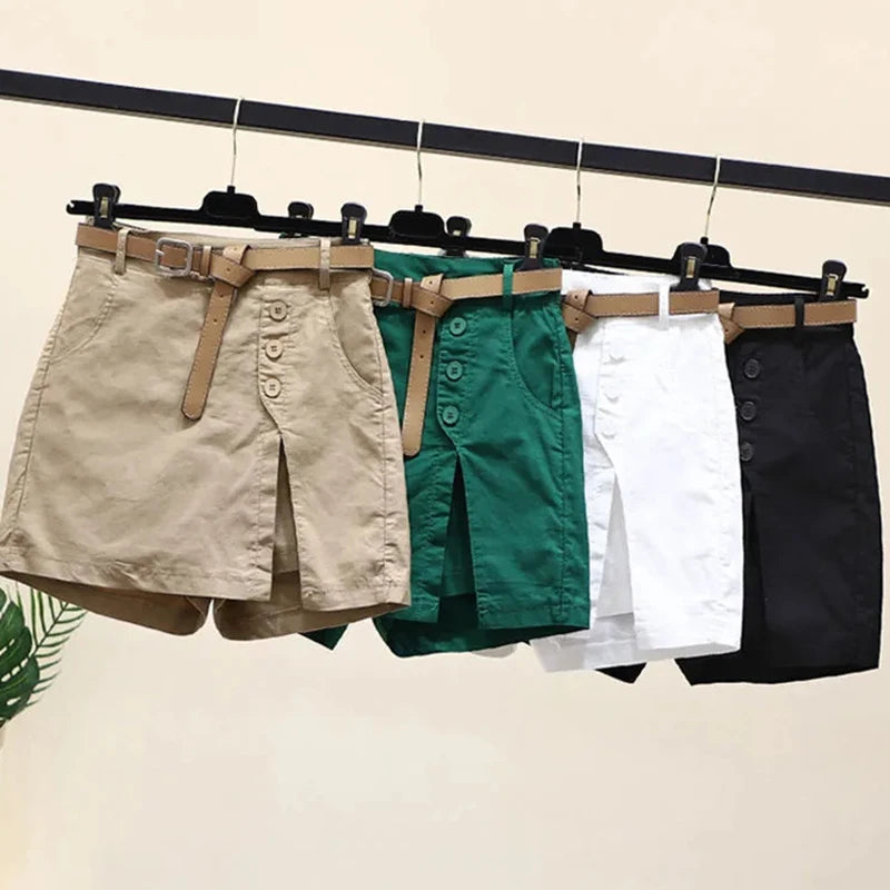Chic Shorts Women Belt Solid Buttons Side Slit A-line Streetwear Fashion Skirts Chic Summer Loose Pants
