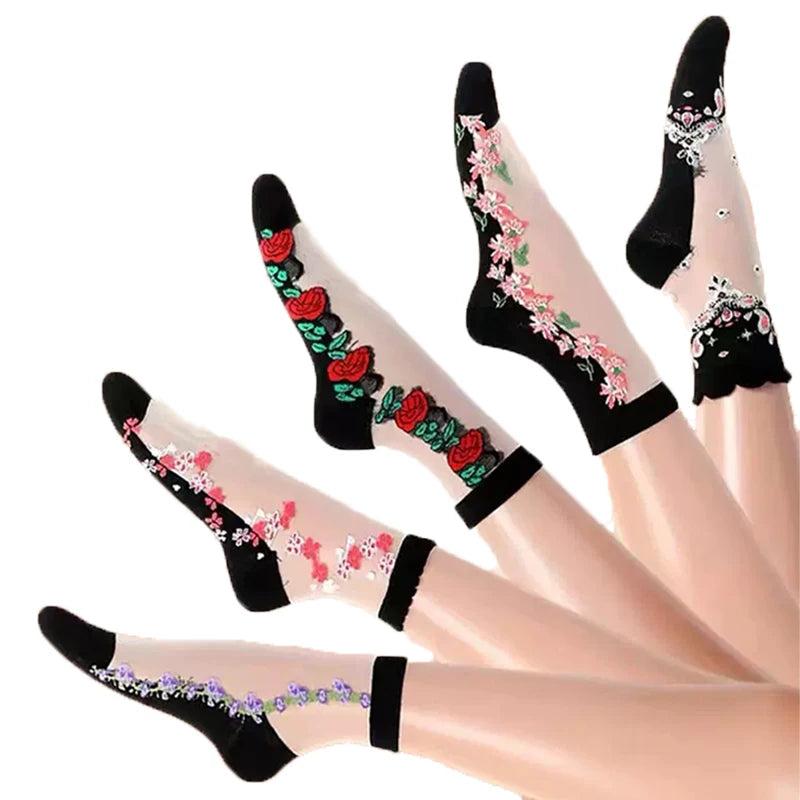5 Pairs Mesh Floral Print Mid Calf Socks Crystal Glass Short Thin Socks Women's Stockings Hosiery
