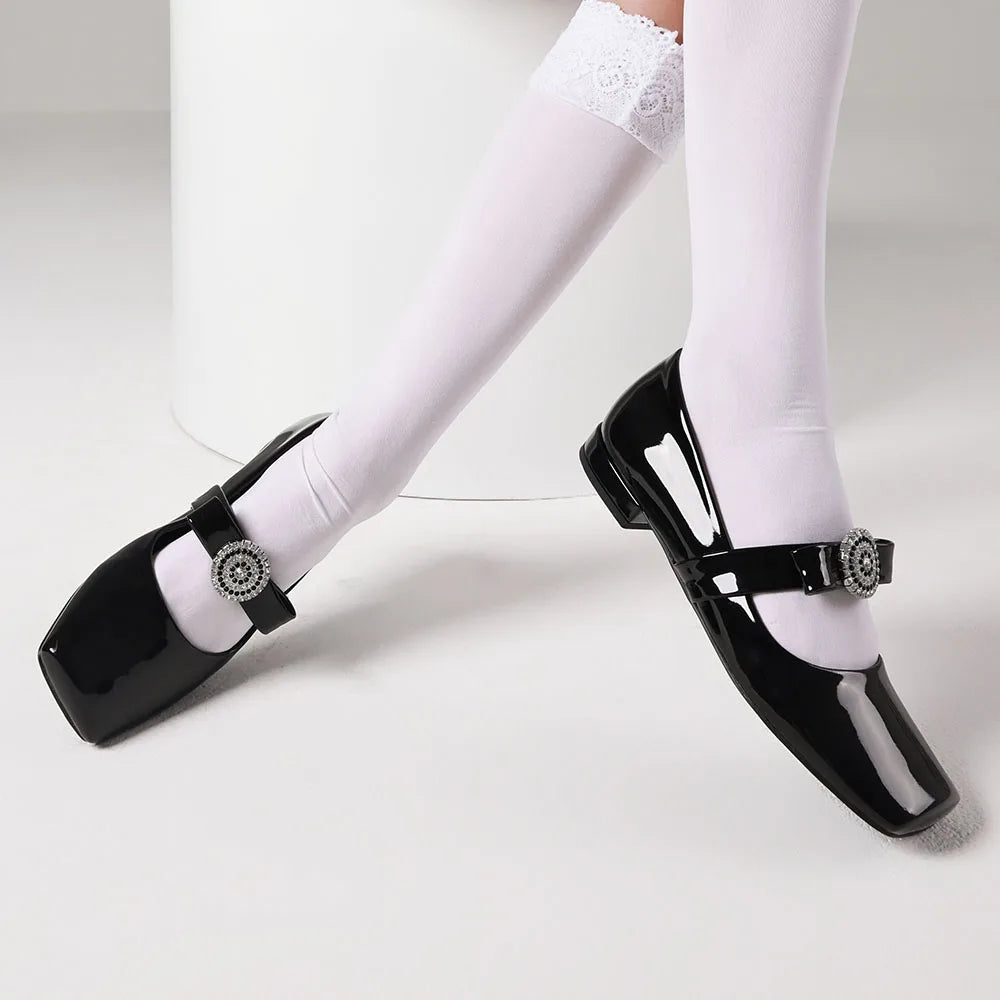 Rhinestone Mary Janes Flats For Women Low Heel Square Toe Shallow Shoes