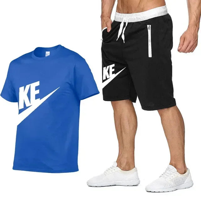 Summer men's printed round neck short-sleeved T-shirt + five-point shorts two-piece fitness sports fashion leisure suit