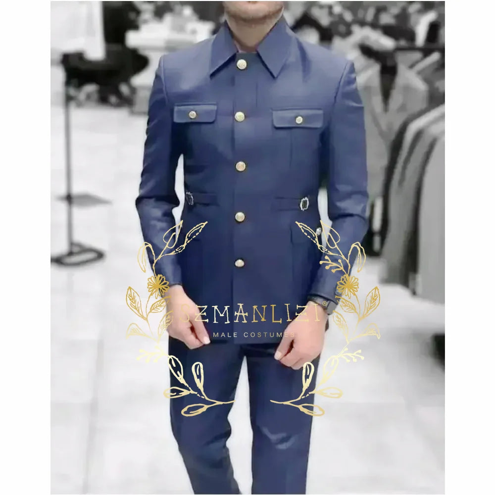 Latest Design Houndstooth Jacket Men‘s Suit Set Brown Pant Peaked Lapel Double Breasted Blazer
