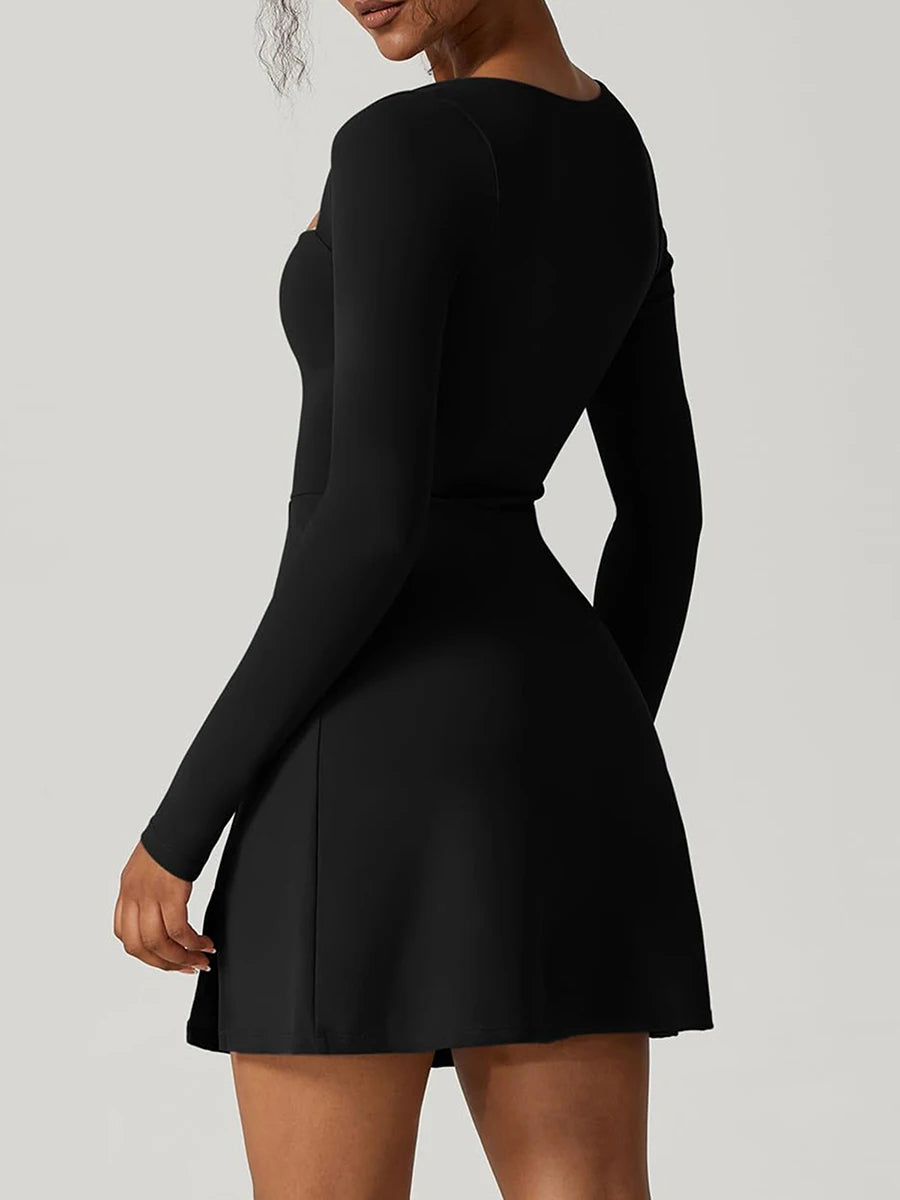Short Dress Solid Color Long Sleeve Square Neck Split Hem Party Dress