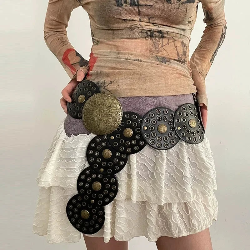 Vintage Rivet Patchwork Design Wide Belts For Women High Street Faux Leather Waistband