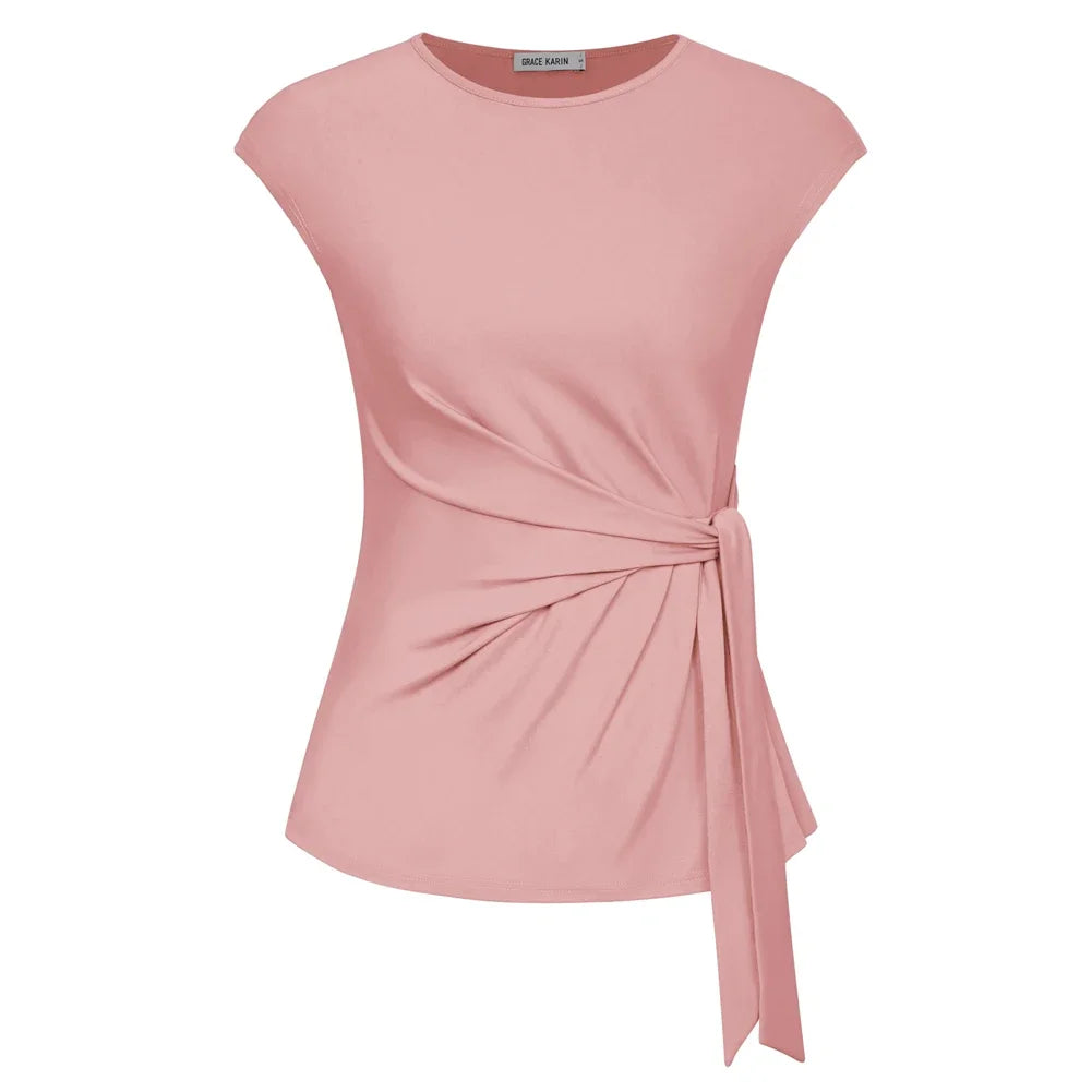 Front Bow Knot  Cap Sleeve Crew Neck Pullover