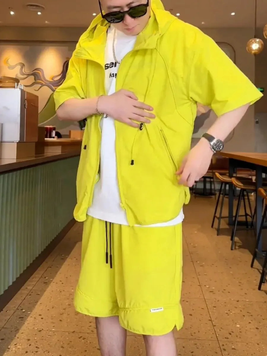 Summer Men Tracksuit Chic Hooded Quick Drying Set Short Sleeve Shorts Casual Zip Shirt  Loose Two Piece Set
