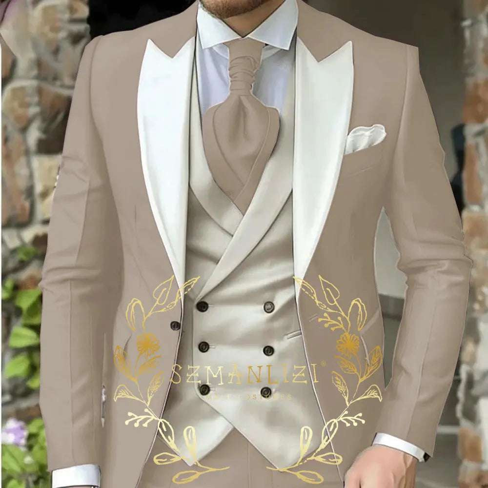 Classic Men's Suit 3 Piece Tuxedo Peaked Lapel Groomsmen Wedding Suits Set Fashion Men Business Blazer Pants Vest