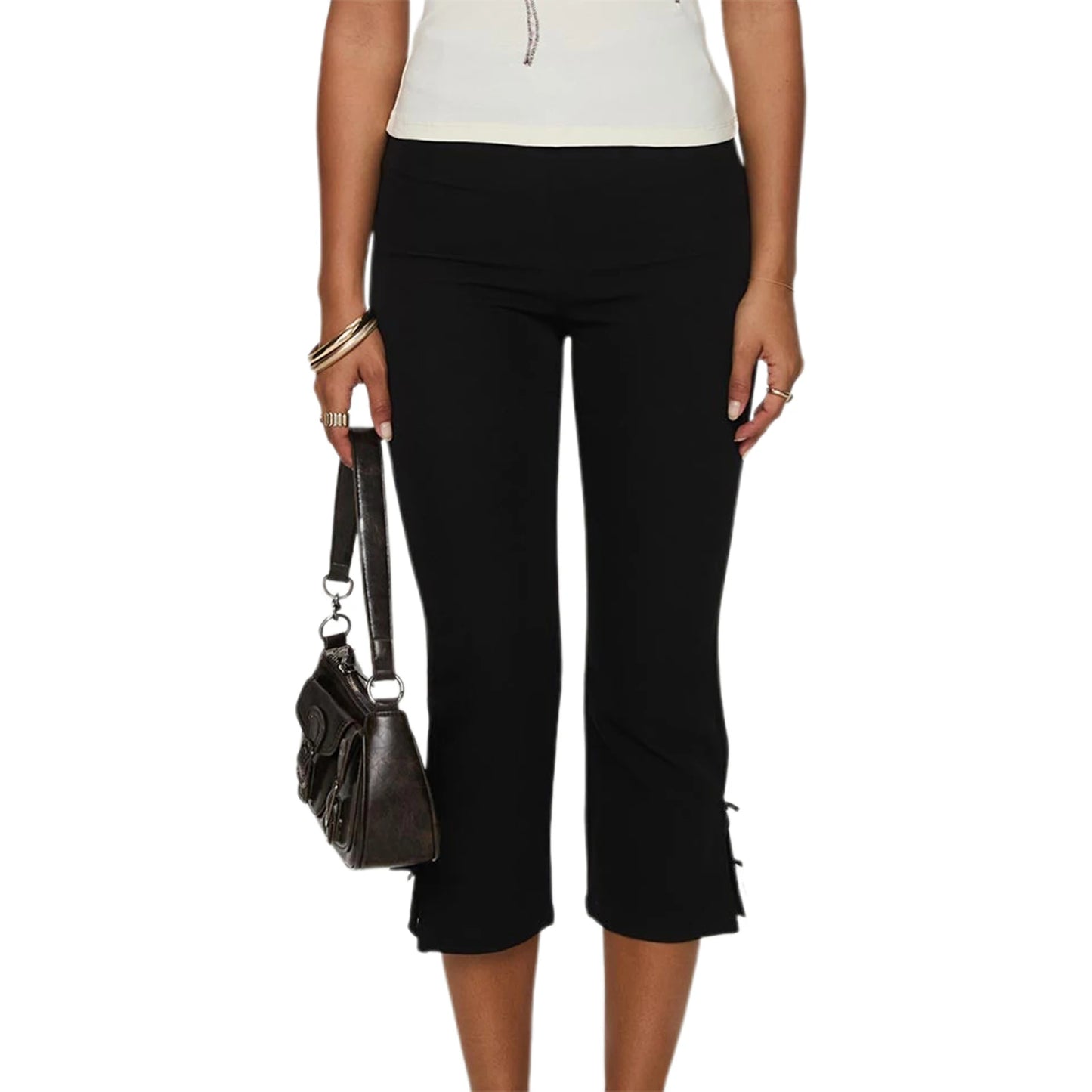 Women High Waist Capri style Pants Solid Color Elastic Waist Split hem Casual Trousers Summer Beach Pants