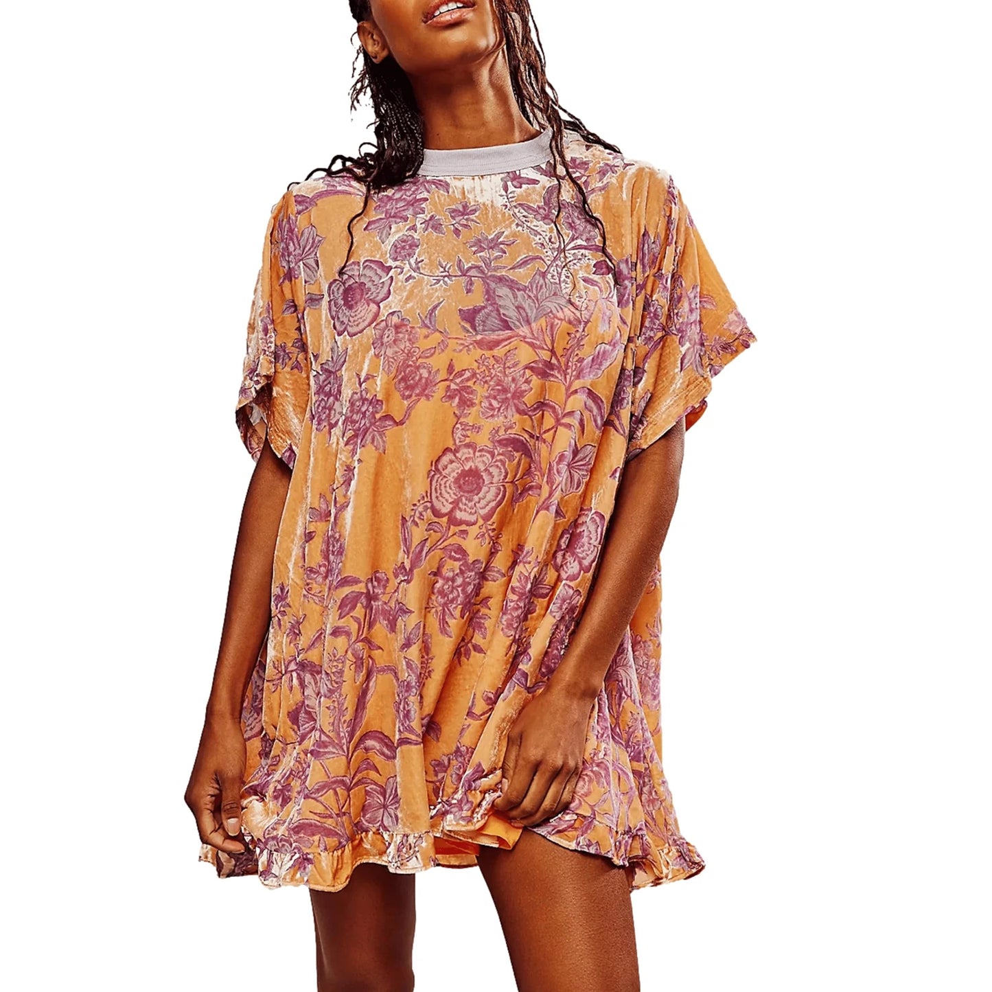Velvet Mini Dress V-Neck short Sleeve Floral Print