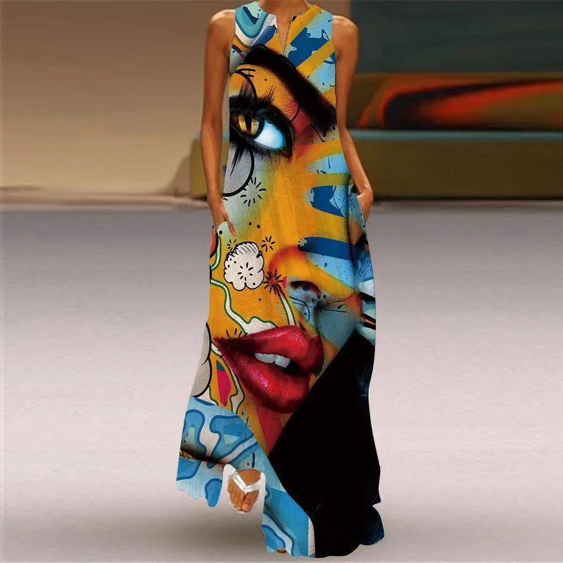 Vintage Print Maxi Dress For Women Summer Loose Sleeveless Long Dresses Elegant Lady V Neck Pocket Boho Beach Sundress Vestidos