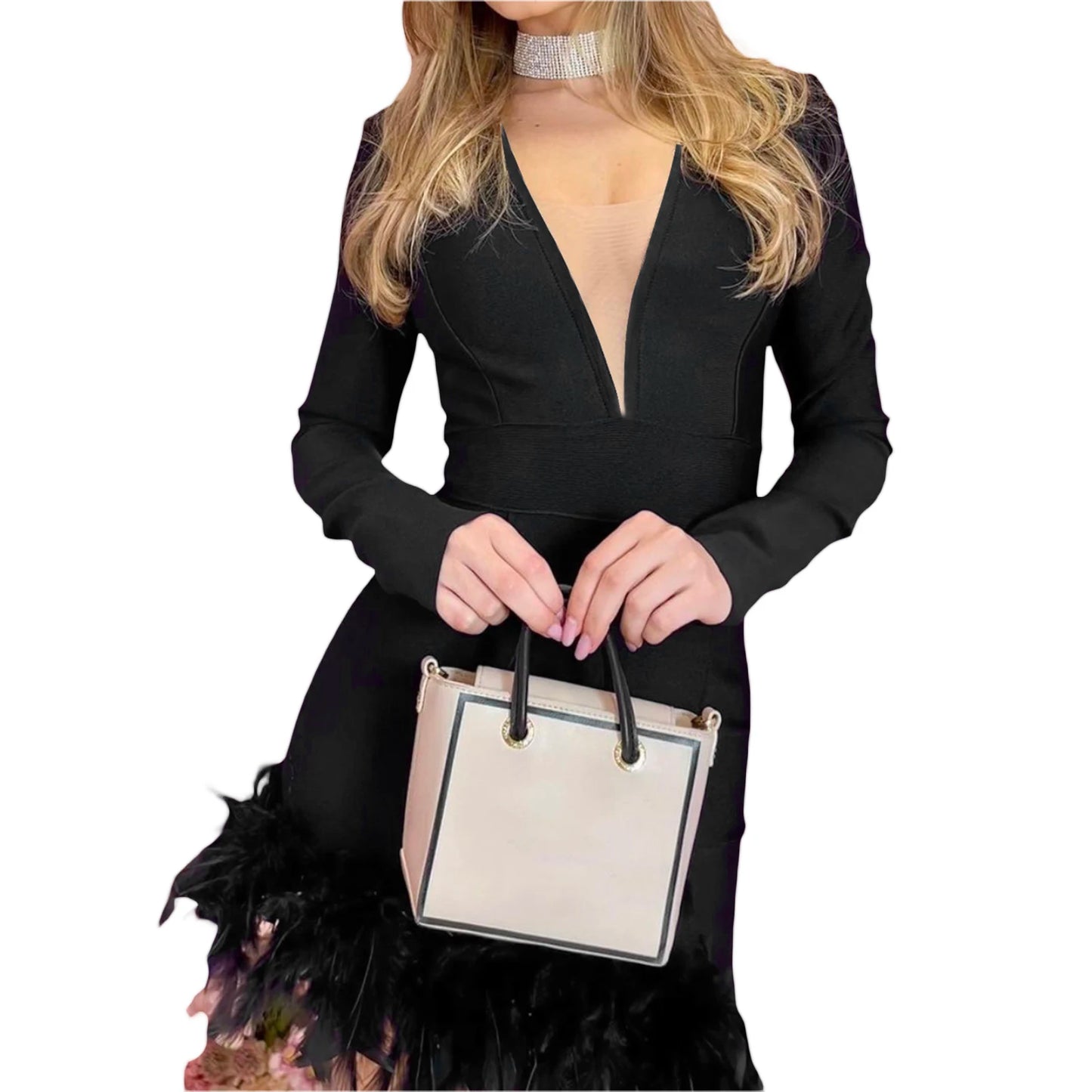 V-Neck Lace Bodycon Dress with Ruffle Trim Long Sleeve