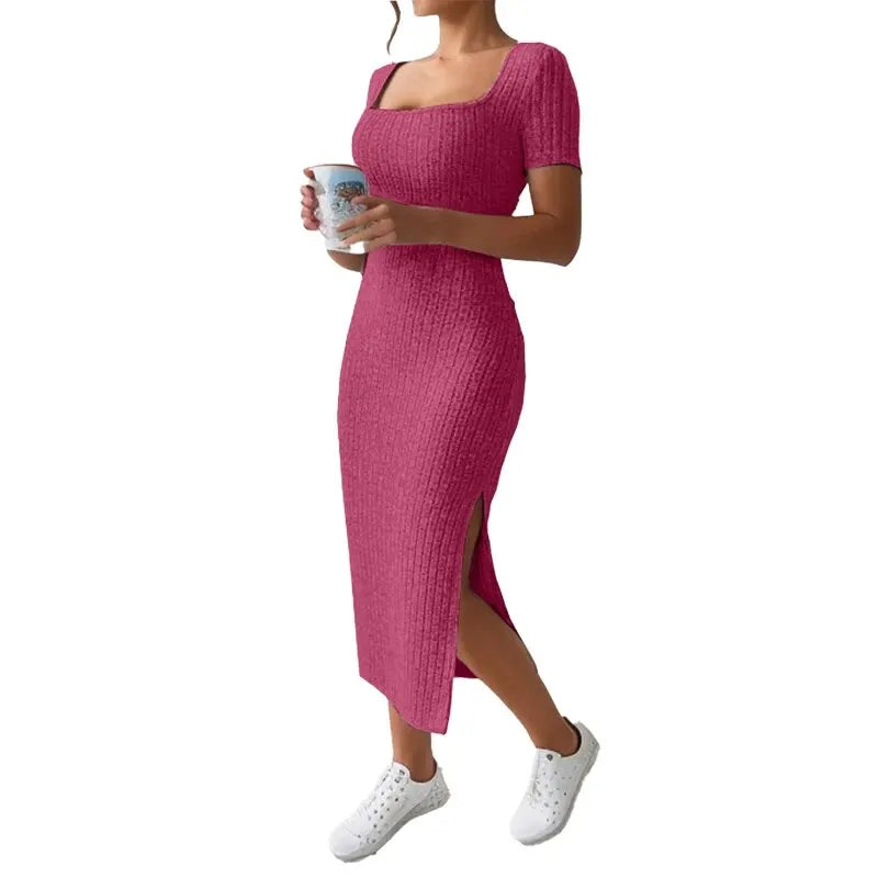 Summer Square Neck, Hip-Hugging Mid-Length Skirt, Short-Sleeved, Rib Knit Versatile Knitted Slit Dress