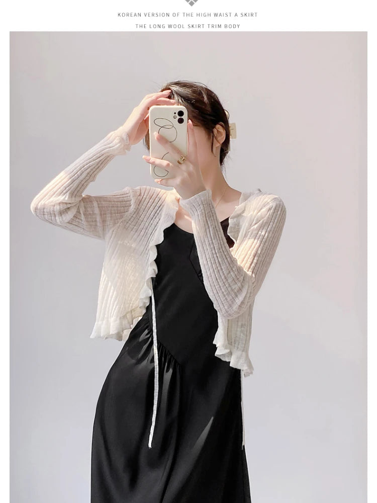 Ruffle Trim One Button Long Sleeve Crop Top Women Long Sleeve Open Front Ribbed Knit