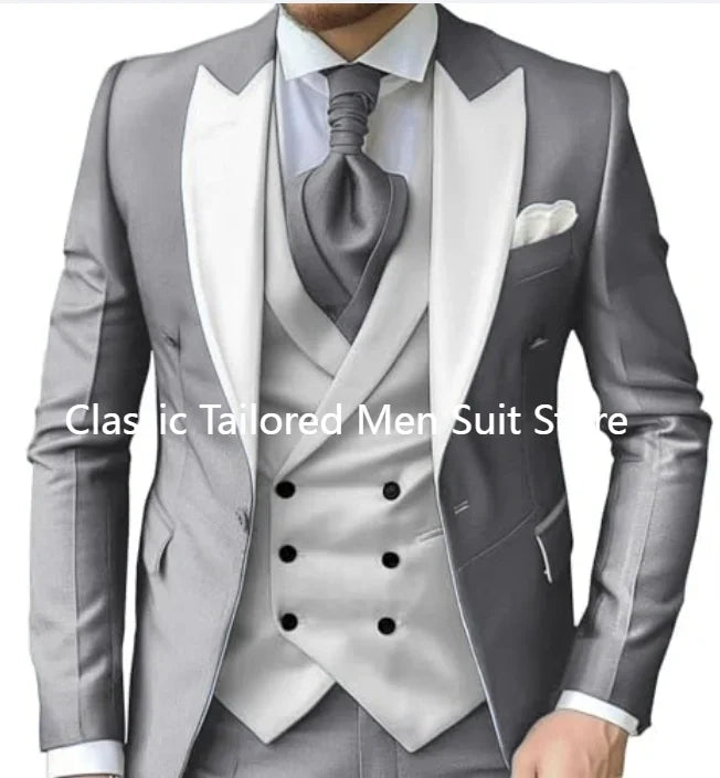 Elegant Wedding 3 Piece Jacket Pants Vest Full Set Luxury Single Breasted Peak Lapel  Male Clothing Men's Suits Blazer