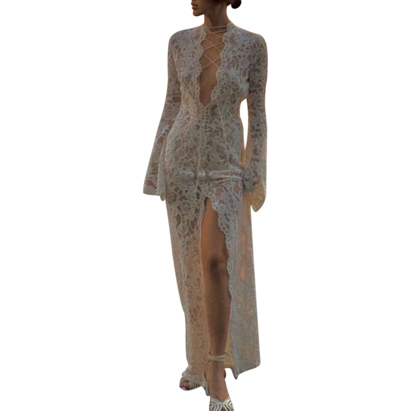 Maxi Dress with Long Sleeves Plunging V-Neckline and Floral Lace Detailing