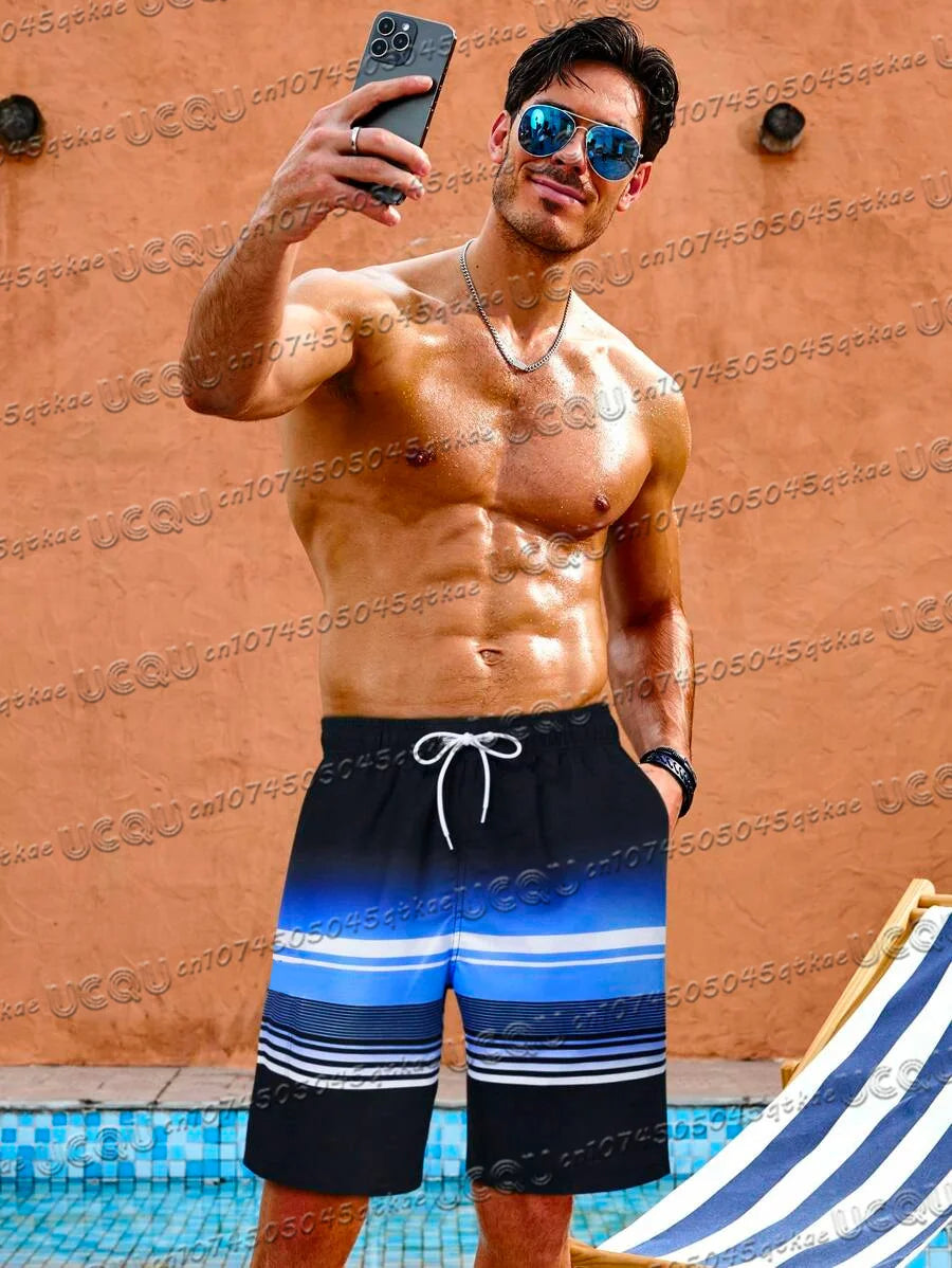 Men'S Striped Minimalist Casual Shorts Summer Beach Swimming And Surfing Shorts Outdoor Fitness&Sports Loose Drawstring Shorts