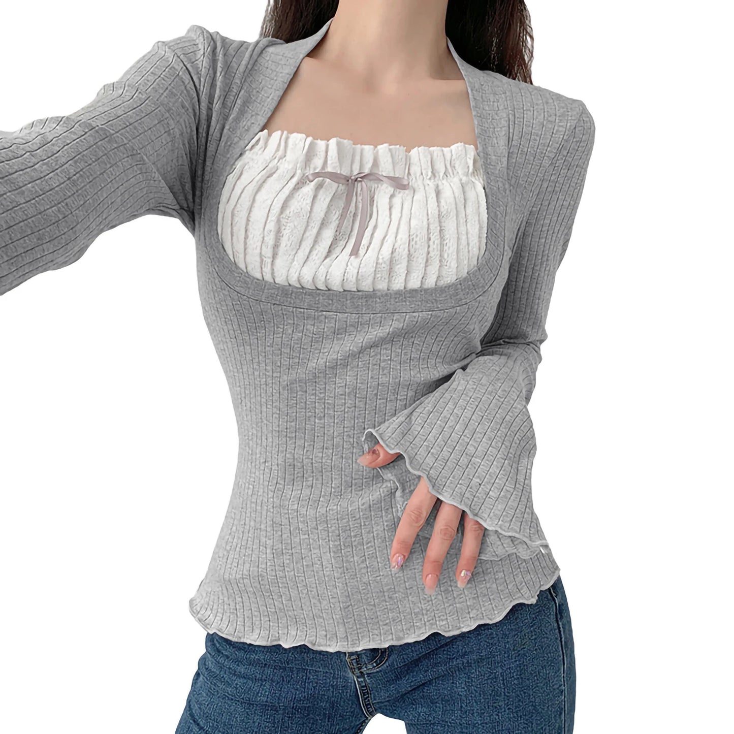 Tops for Women Fall Casual  Square Collar Contrast Color Long Sleeve Slim Lace Bow T Shirts