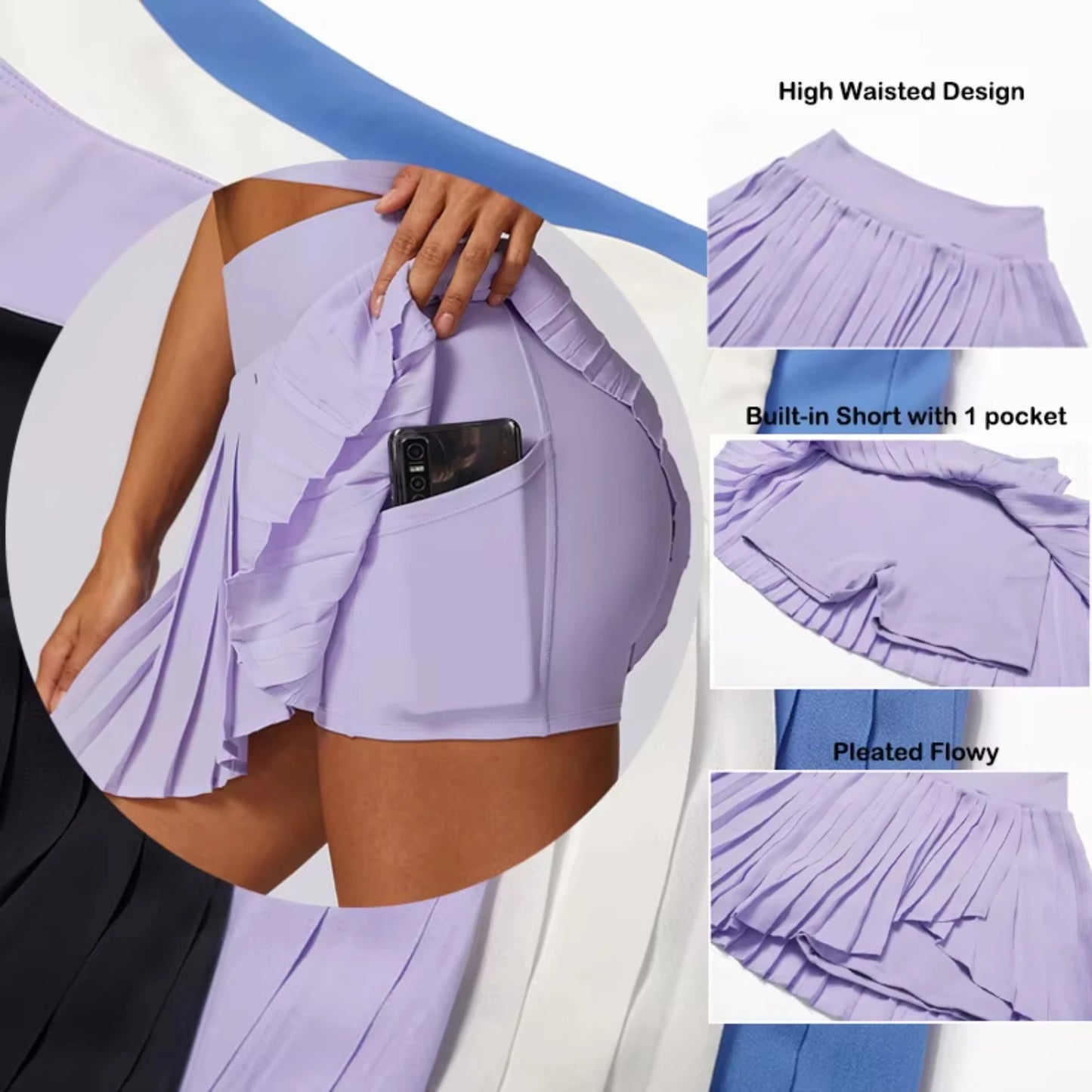 High Waisted Pleated Tennis Skirts with Pockets, Tummy Control, Casual Liner Skorts