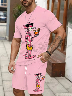 Men's Tracksuit Sets Pink Panther Short Sleeve T-Shirt Suit Casual Suit Sports Streetwear Shorts 2 Piece Male Clothes