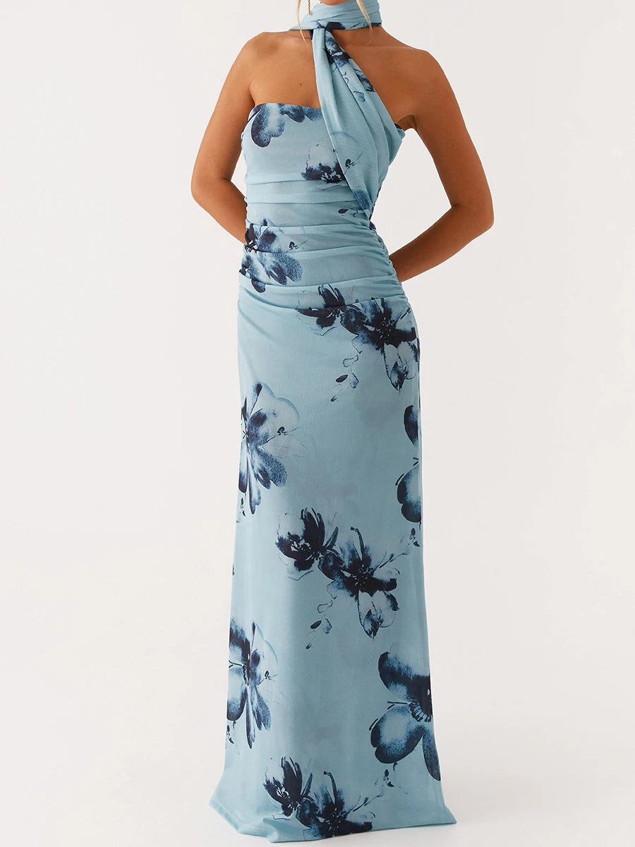 Elegant Maxi Dress with Boho Floral Print and Off-Shoulder Design Perfect for Summer Parties and Beach Vacations Includes