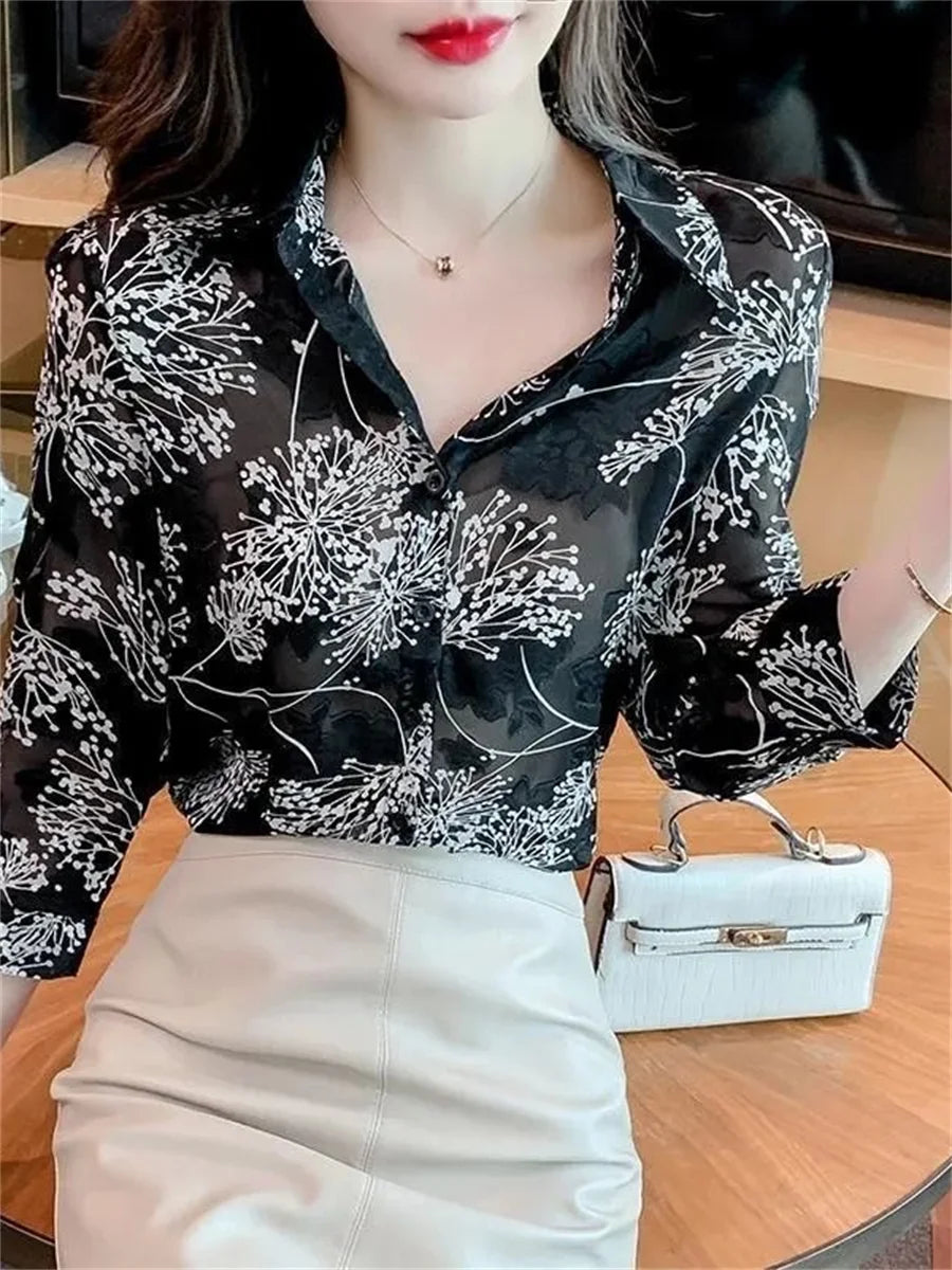 Casual Three Quartz Sleeve Turn-down Collar Flower Print