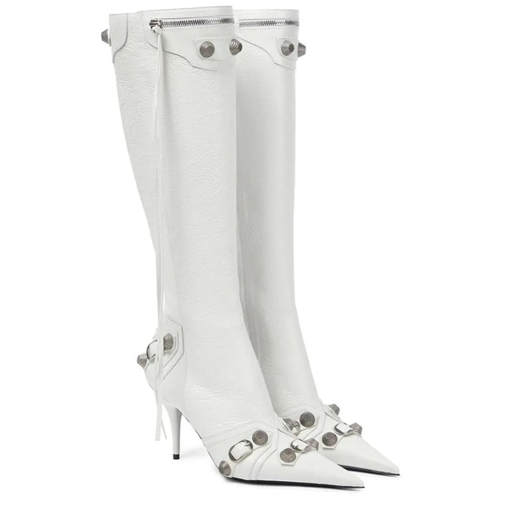 Stiletto High Heeled Knee High Boots Pointed Toe Back Zipper Tassel