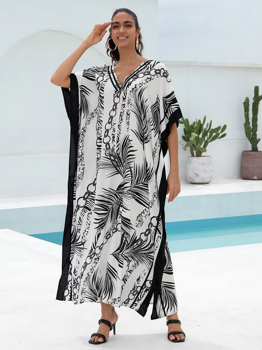 Leaf and Chain Print Women Loose Fitting Long Robe Beach Vacation V-neck Sunscreen Clothing