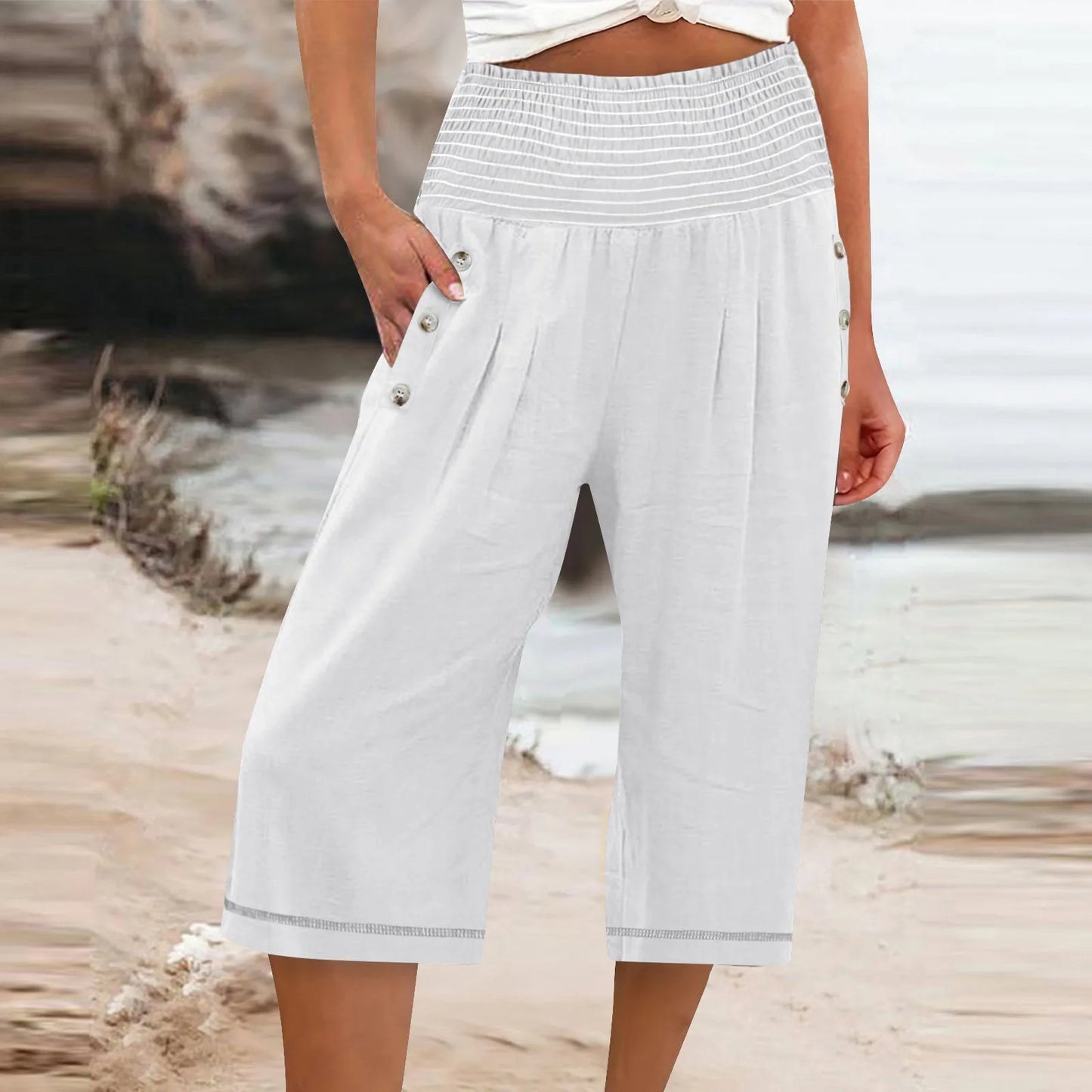 Women Cropped Pants Cotton Linen Baggy Trousers Drawstring Elastic Waist Solid Straight Pants