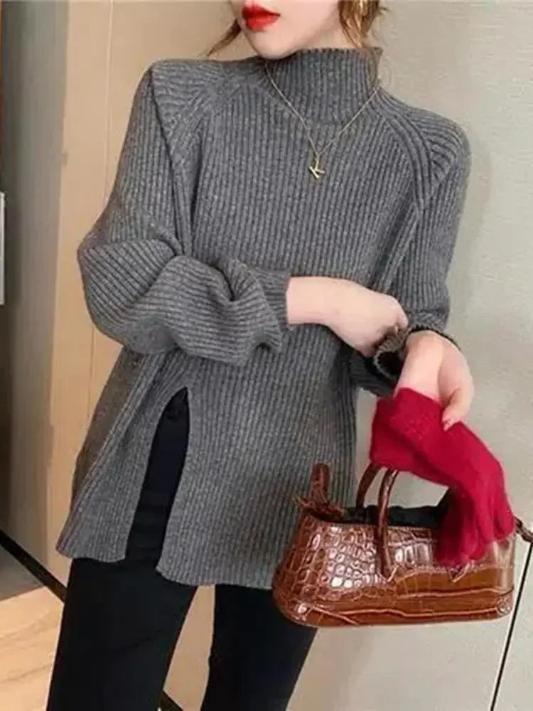 Women Sweater Pullovers Turtleneck Casual Autumn Winter Split Fork Button Chic Sweater Female Knit Top Soft Jumper Tops