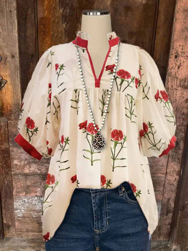 Elegant Floral Print Pleated Puff Sleeve V-neck  Flowers  Blouse