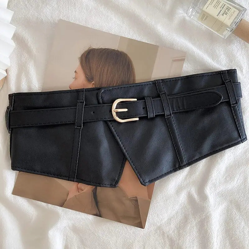 Classic Pin Buckle Wide Belts Black Elastic PU Waistband Trendy Corset Waspie Belt Classic Dress Girdle For Women