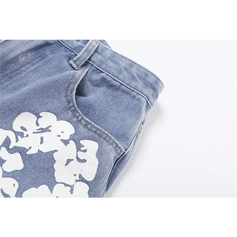Women Jeans Denim Pants Fall Winter Casual Aesthetic Flower Print Jeans  High Waist Fashion