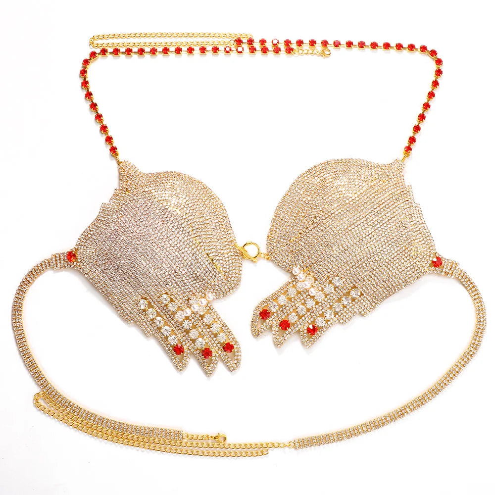 Palm Top Crystal Bikini Bra Lingerie Jewelry  Rhinestone Chest Body Chain