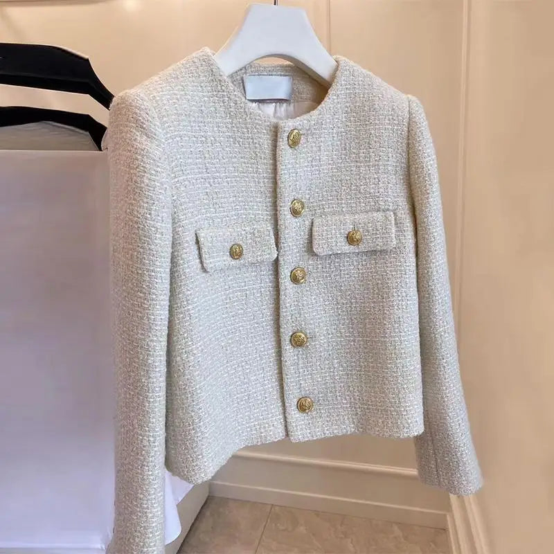 French Wool Tweed Coat Fashion High-end Gold Button Short Slim  Spring and Autumn  Women's Jacket