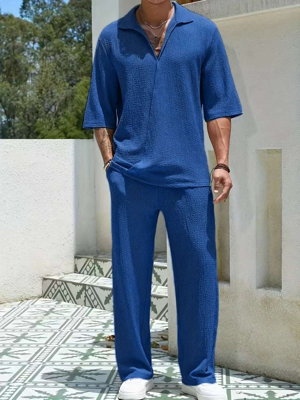 Spring new men's suit-collar commuter casual shirt Fashion retro high-quality solid color half-sleeve pants two-piece set