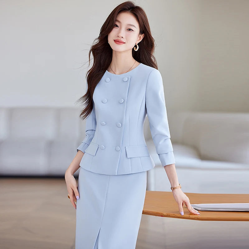2 Piece Set Women's Double Breasted Blazer Elegant A Line Knee Length Slit Skirts OR Slacks Women's Work Wear