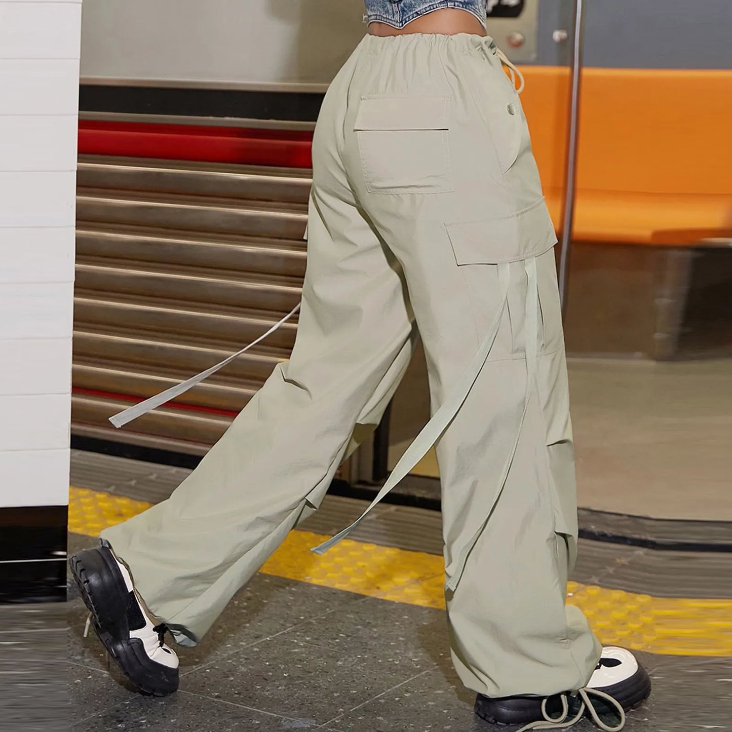 Women's Pants Streetwear Casual Hip Hop Elastic Waist Cargo Pants Drawstring Lace Up Trousers