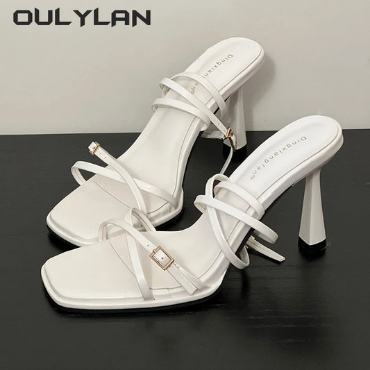 Breathable Sexy Party Shoes Ankle Buckle High Heel Sandals  Front Cross Strap Open Toe Square Toe