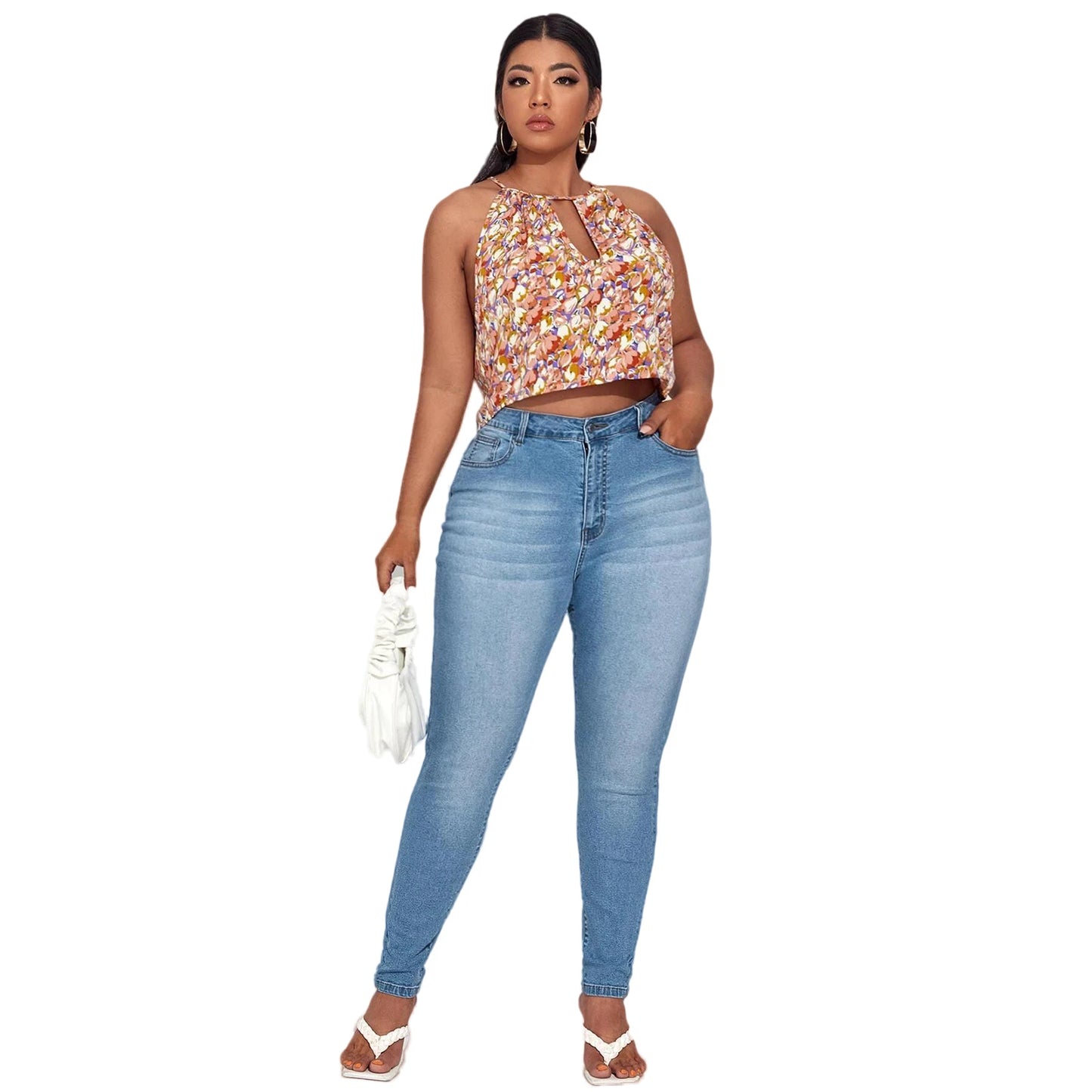 Plus Size Women Jeans  Full Length Denim Jeans High Waist High Stretchy  Denim Jeans