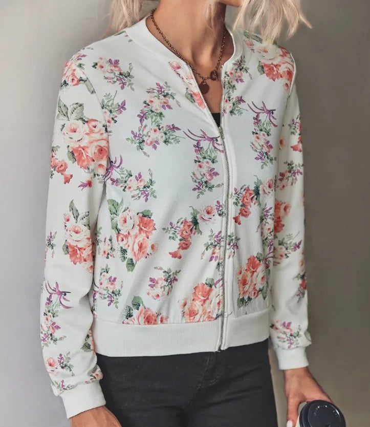 Women Elegant Zipper Bomber Jacket Floral Printed Jackets Office Wear Coat Retro Outwear