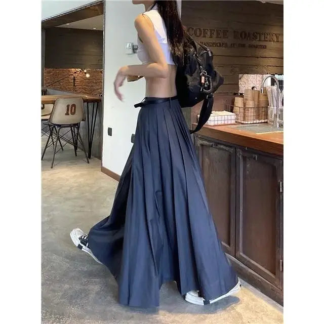 A Pleated  Large Hem  Retro Low Waisted Casual  Ankle Length Skirt