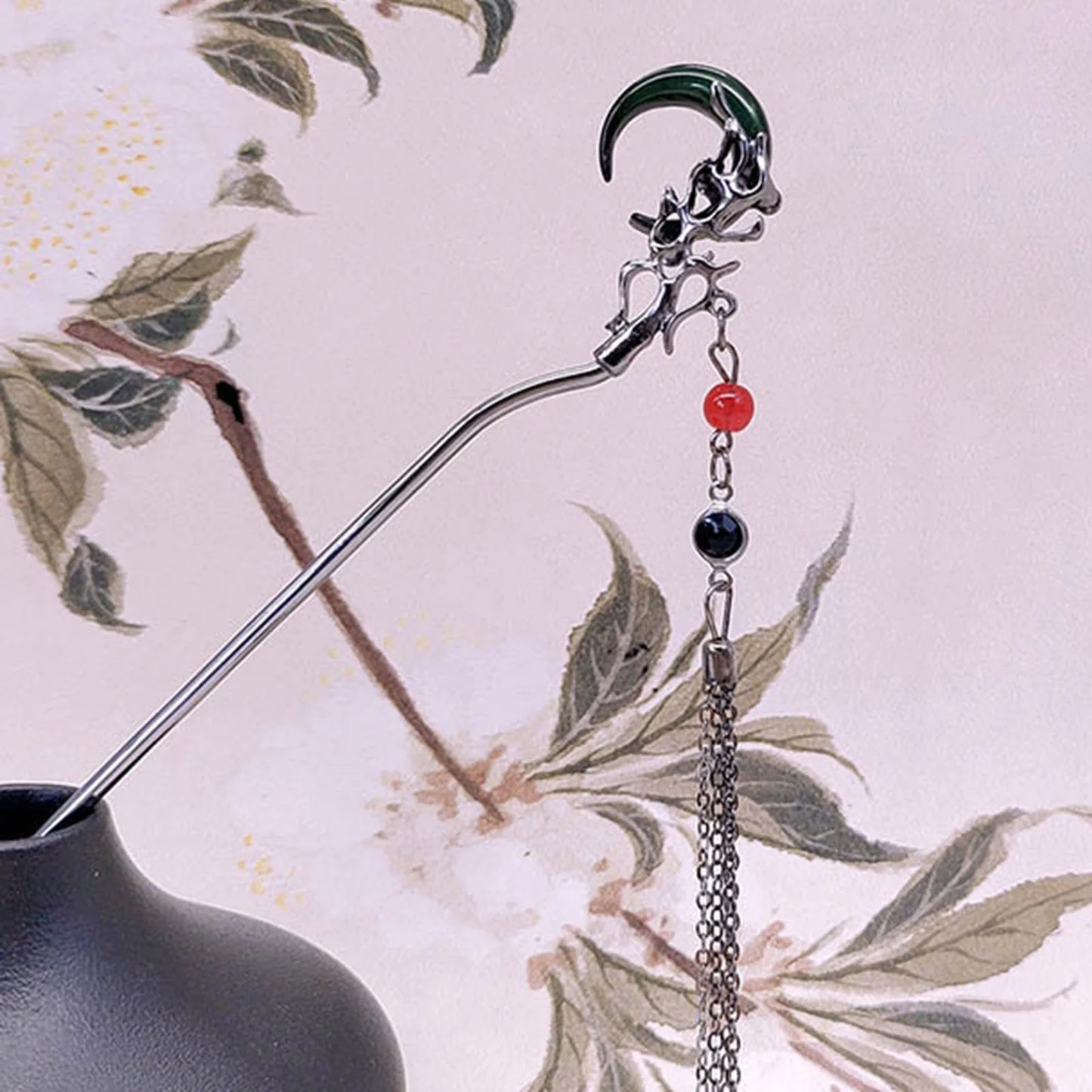 Modern Hair Stick Ink Flower Metal Tassel Hairpin Forks For Women  Beads Fringe Hair Clasp