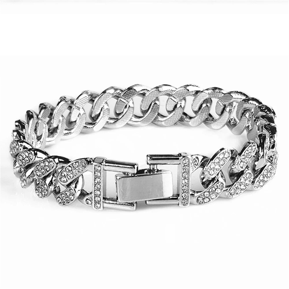 14mm Crystal Miami Iced Out Cuban Link Chain Bracelet For Men&Women Full Rhinestones Charms Jewelry Chain